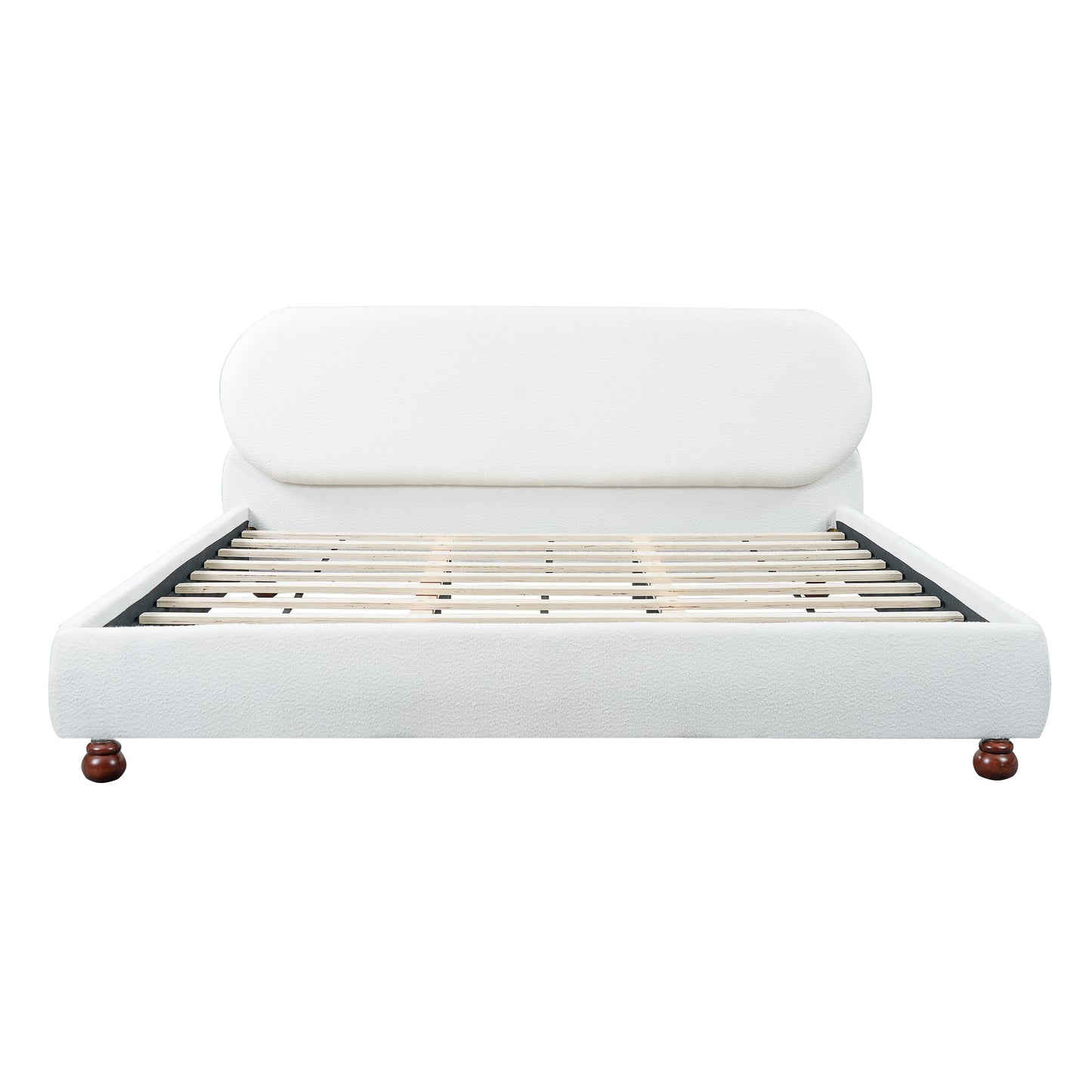 Cream boucle upholstered king bed frame with rubber wood feet and exposed slat base on Tampa Home & Garden Store