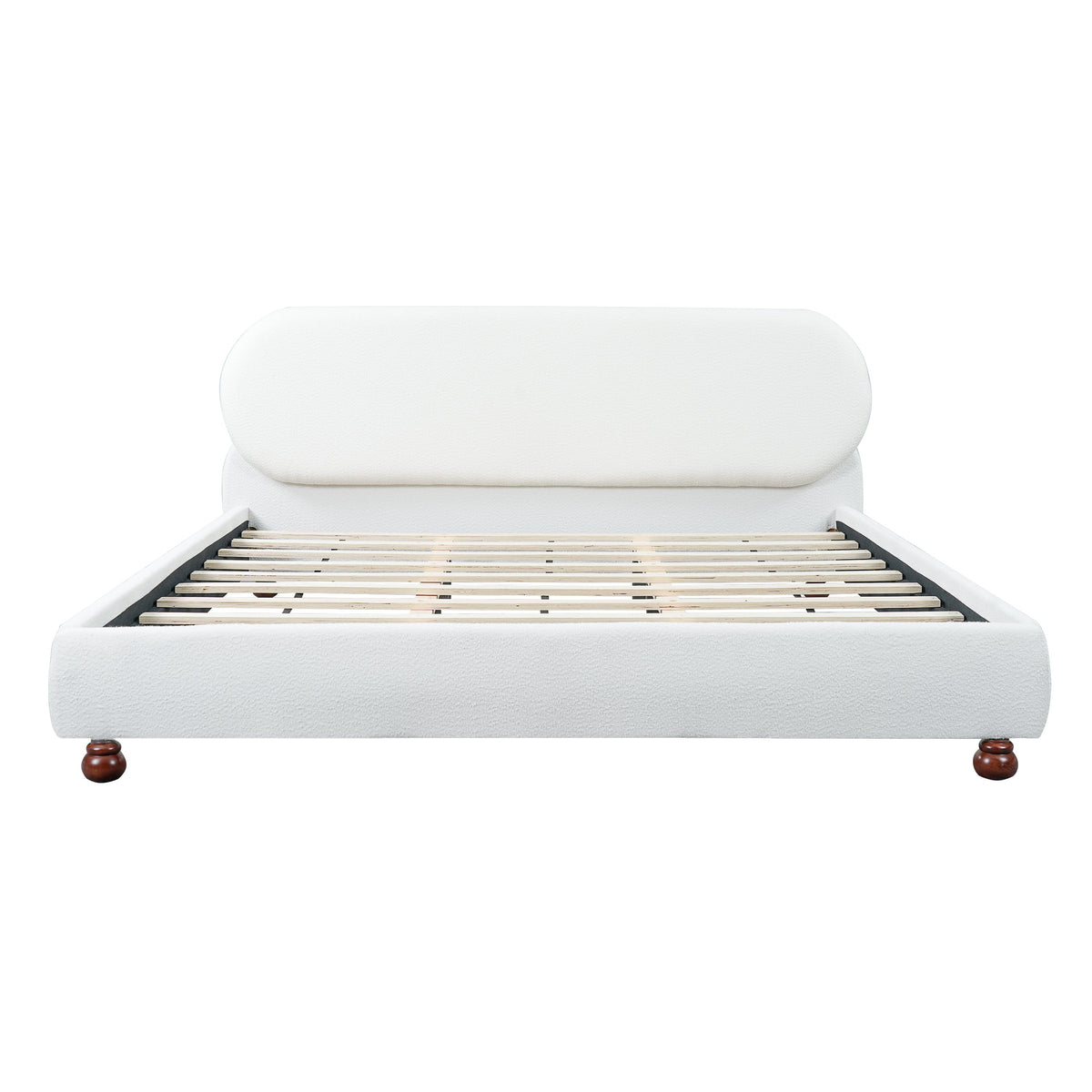 Cream boucle upholstered king bed frame with rubber wood feet and exposed slat base on Tampa Home & Garden Store