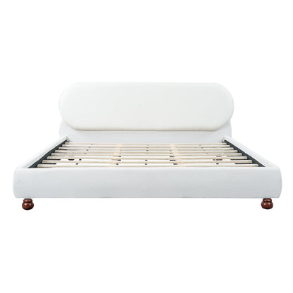 Cream boucle upholstered king bed frame with rubber wood feet and exposed slat base on Tampa Home & Garden Store