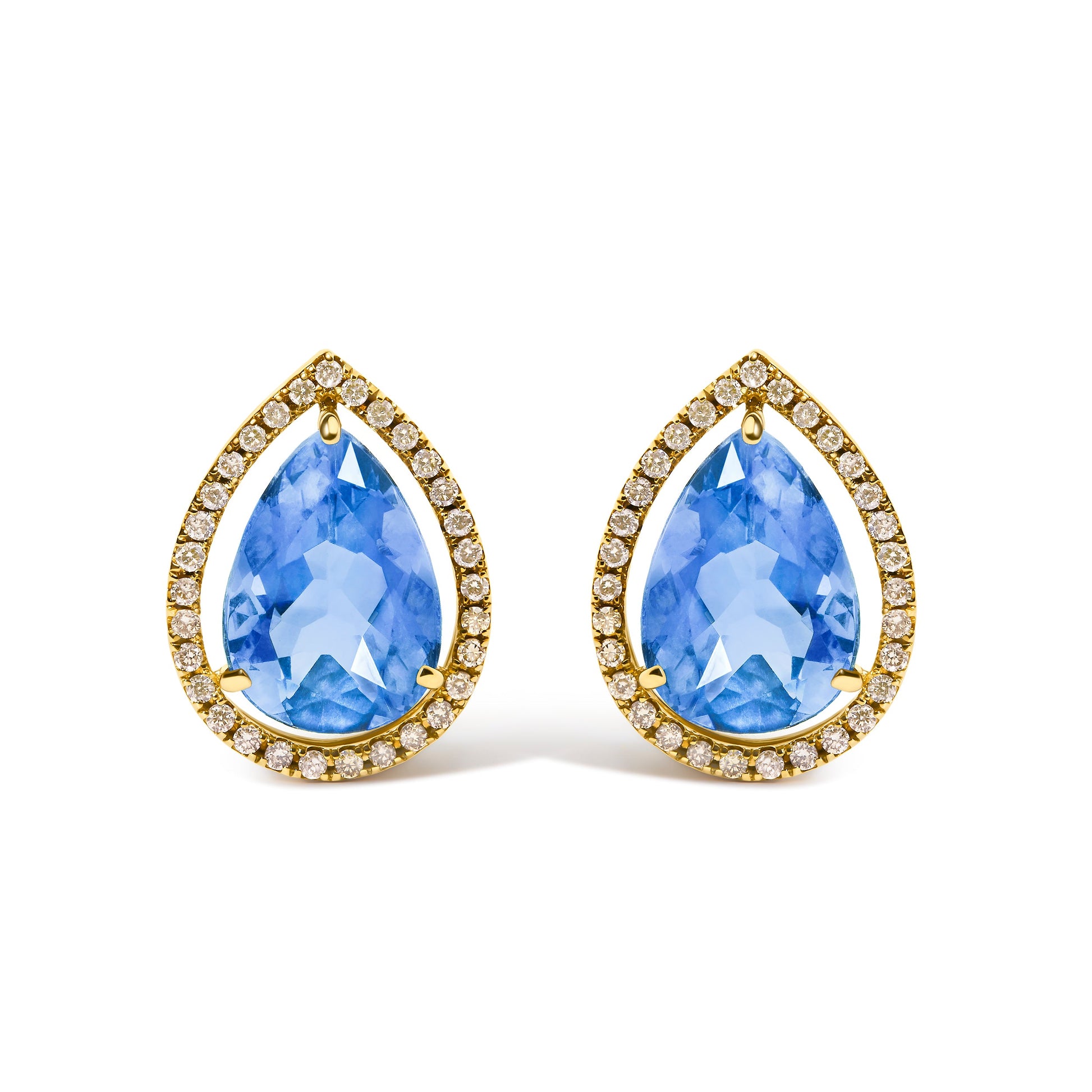 Pair of 18K yellow gold pear-shaped blue fluorite stud earrings with diamond halo 1/2 ctw on Tampa Home & Garden Store