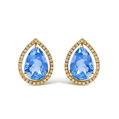Pair of 18K yellow gold pear-shaped blue fluorite stud earrings with diamond halo 1/2 ctw on Tampa Home & Garden Store
