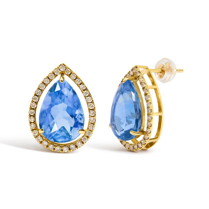 Pair of 18K yellow gold blue fluorite pear halo stud earrings with 1/2 cttw diamonds, post backs on Tampa Home & Garden Store
