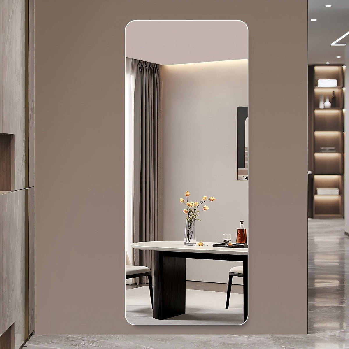HouseOfZazla Full Body Round Corner Mirror, wall-mounted with rounded corners and LED edge glow on Tampa Home & Garden Store