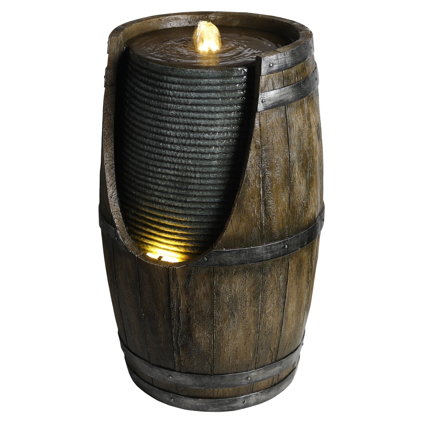 Wooden Barrel Style Outdoor Water Fountain with Lights barrel with metal bands and LED glow on Tampa Home & Garden Store