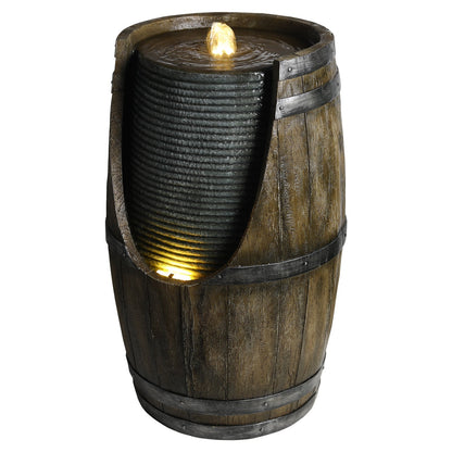 Wooden Barrel Style Outdoor Water Fountain with Lights barrel with metal bands and LED glow on Tampa Home & Garden Store