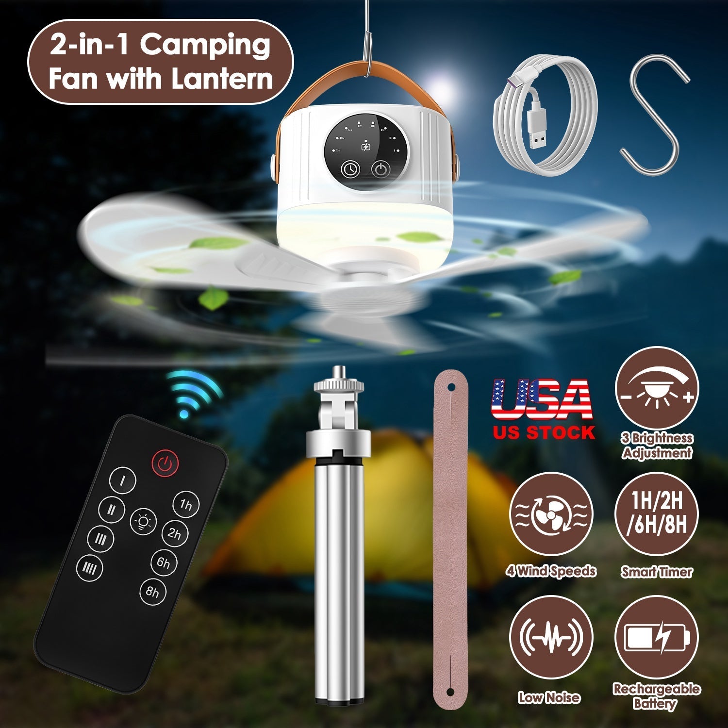 Rechargeable tent ceiling fan with LED light and remote control by GemGear, camping fan on Tampa Home & Garden Store