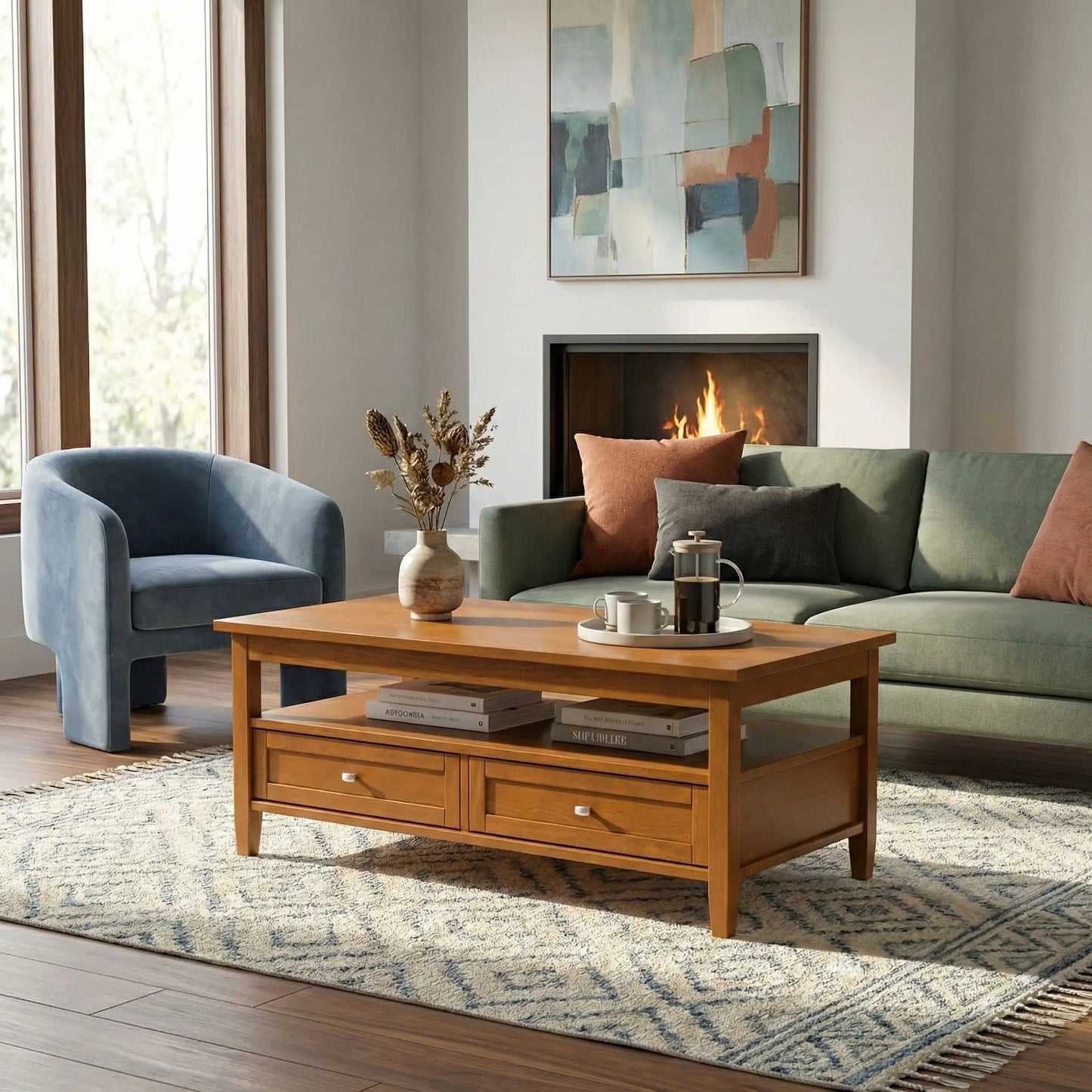 Warm Shaker coffee table in natural wood with two drawers and lower shelf in a cozy living room on Tampa Home & Garden Store