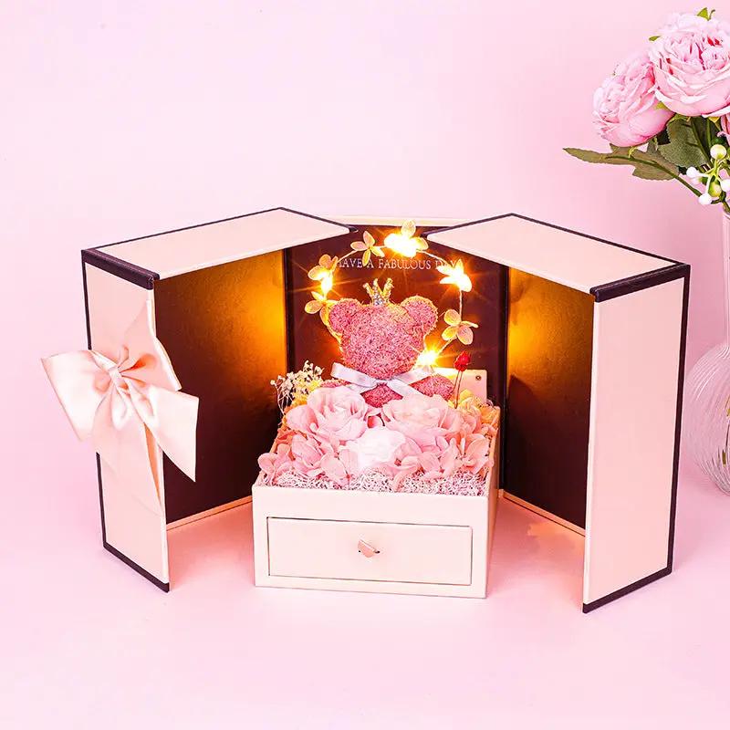 Little Bear Preserved Flower Gift Box with pink roses and cream drawer centerpiece FLIPSTYLEZLLC on Tampa Home & Garden Store