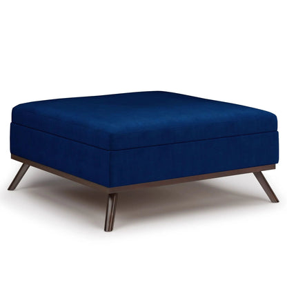 Owen storage ottoman square coffee table in blue fabric with wooden legs Unique Piece Furniture on Tampa Home & Garden Store