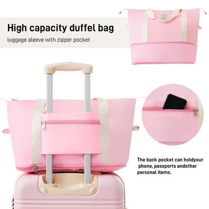 Pink duffel bag with cream straps and zip pocket beside pink rolling luggage set by HouseOfZazla on Tampa Home & Garden Store