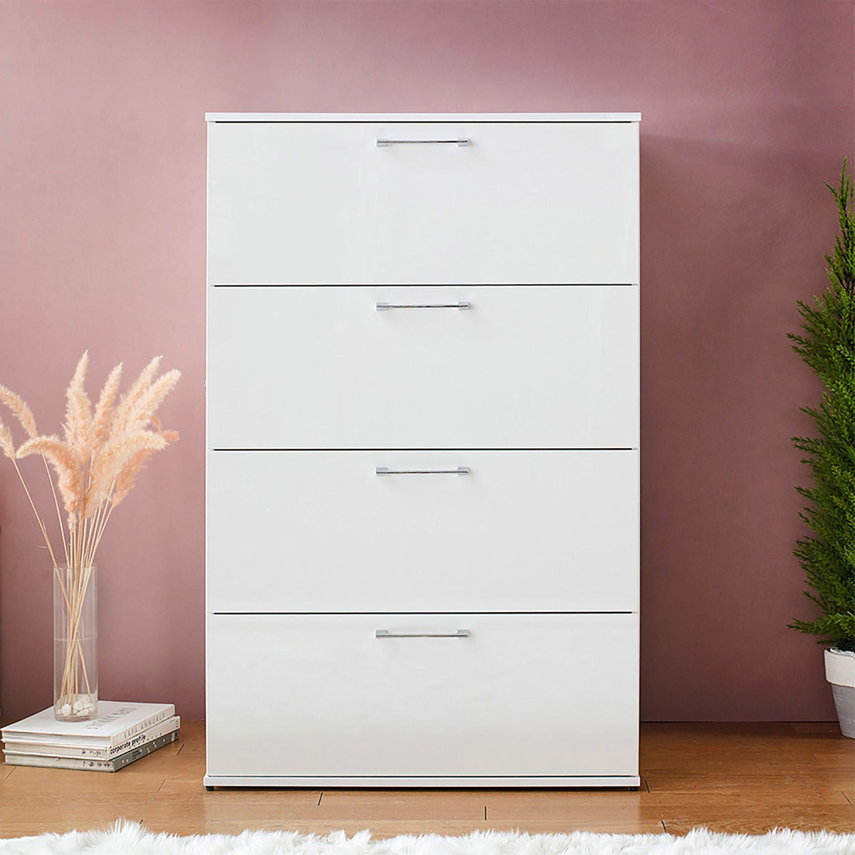 Glossy white 4-drawer accent chest with chrome handles by HouseOfZazla, deep storage on Tampa Home & Garden Store