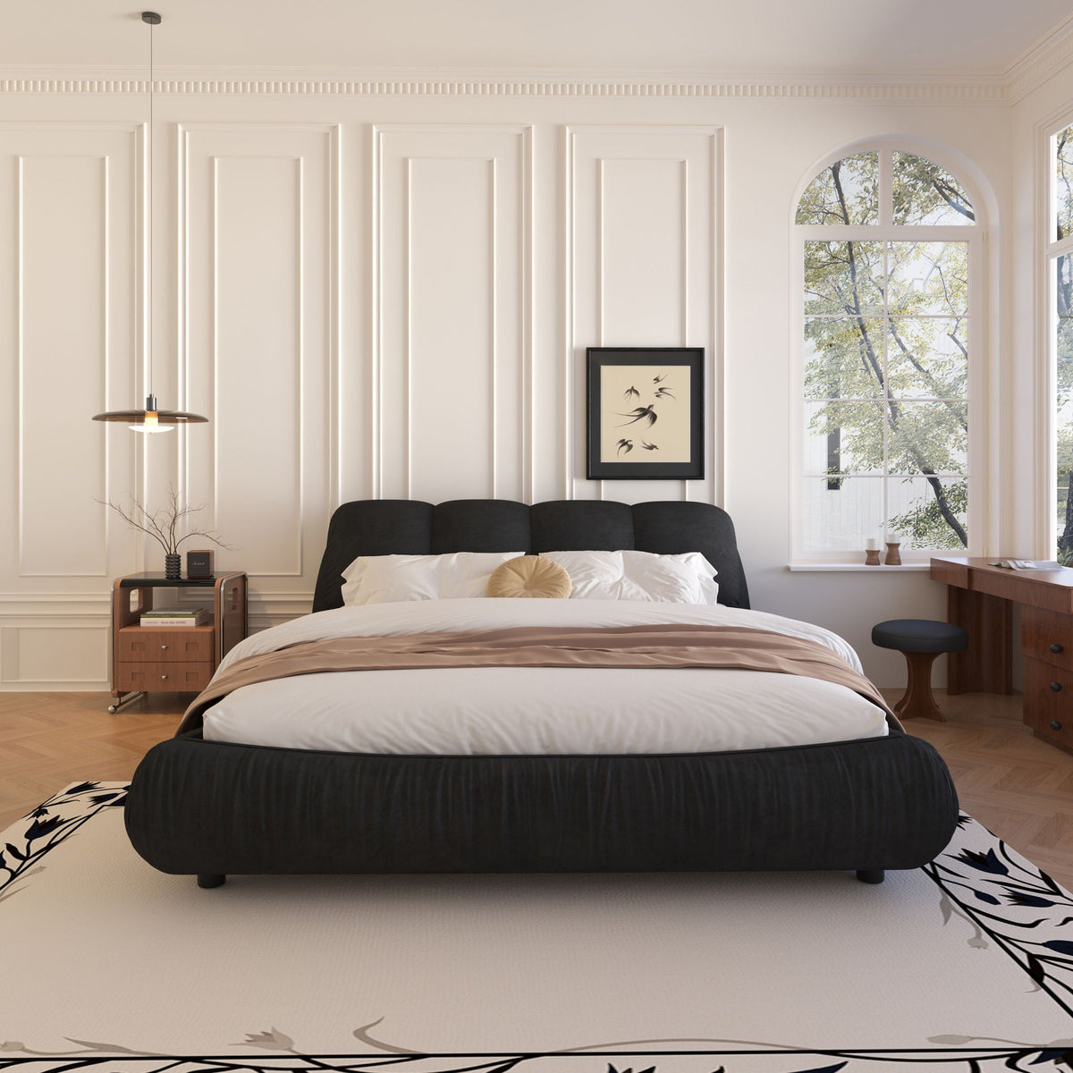 Luxury upholstered platform bed with padded backrest, black fabric, wood frame on Tampa Home & Garden Store