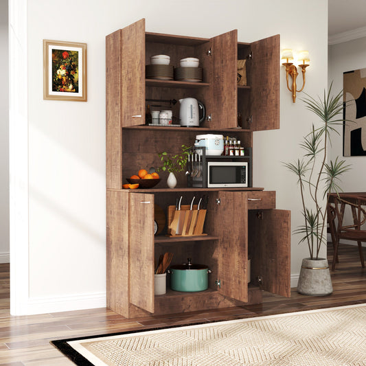 70.87in Tall Wardrobe & Kitchen Cabinet in brown wood with open shelves displaying dishes on Tampa Home & Garden Store