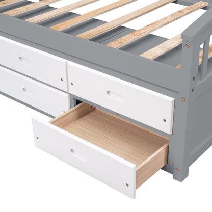 Platform storage bed with gray frame, six white drawers and natural wood slat base on Tampa Home & Garden Store