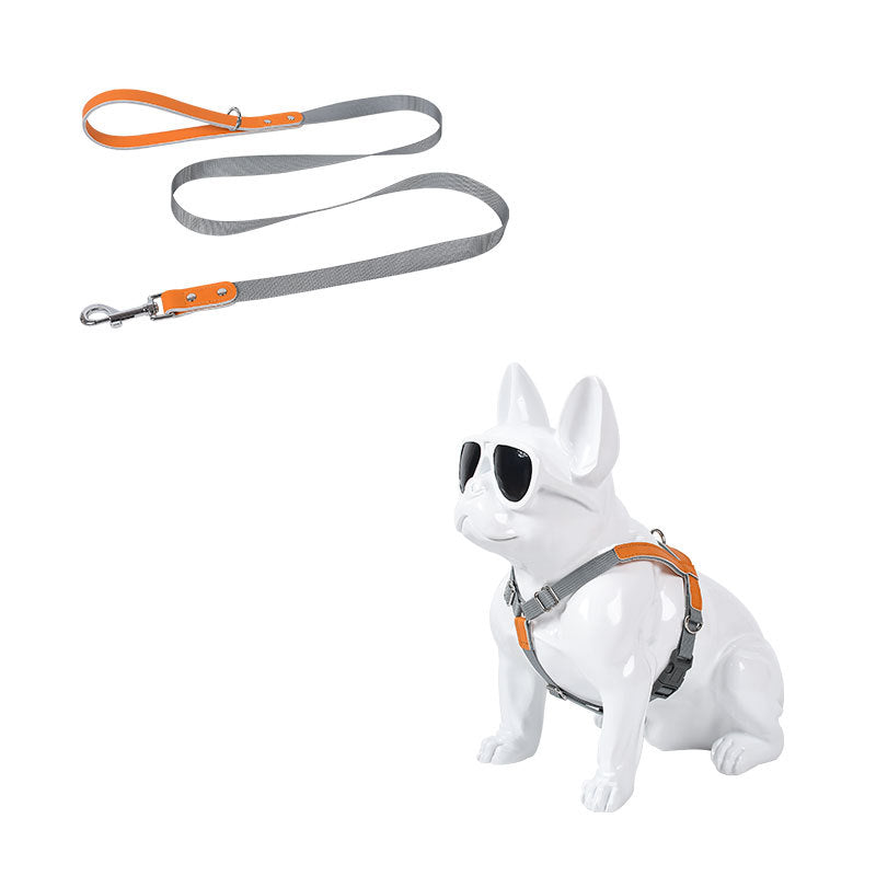 Leather Pet Dog Chest Harness Vest Nylon Leash Set gray harness with orange accents on Tampa Home & Garden Store