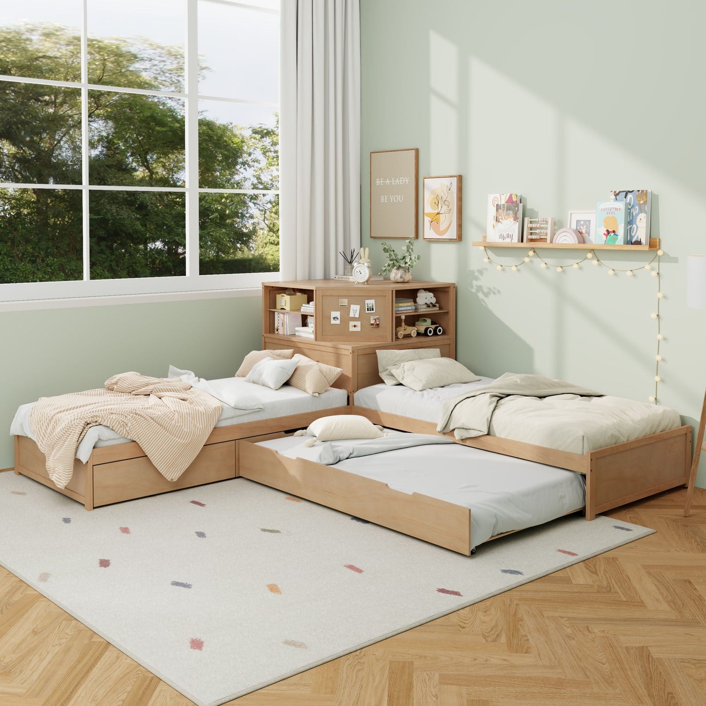 Compact L Shaped Bed Frame with Trundle and Desk