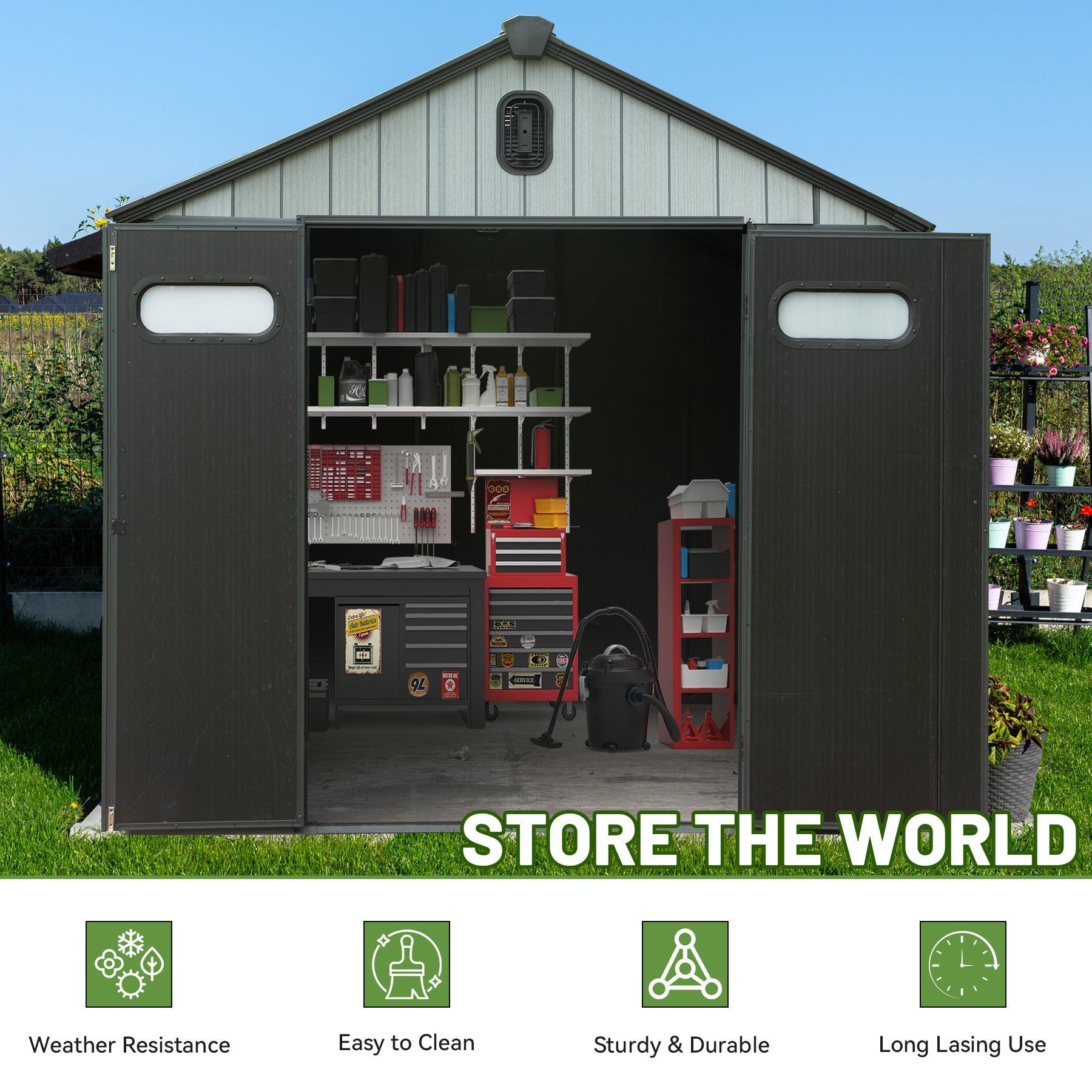 8x10ft Outdoor Resin Storage Shed by HouseOfZazla; dark gray exterior with open double doors revealing a stocked workshop and tools on Tampa Home & Garden Store