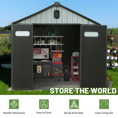 8x10ft Outdoor Resin Storage Shed by HouseOfZazla; dark gray exterior with open double doors revealing a stocked workshop and tools on Tampa Home & Garden Store