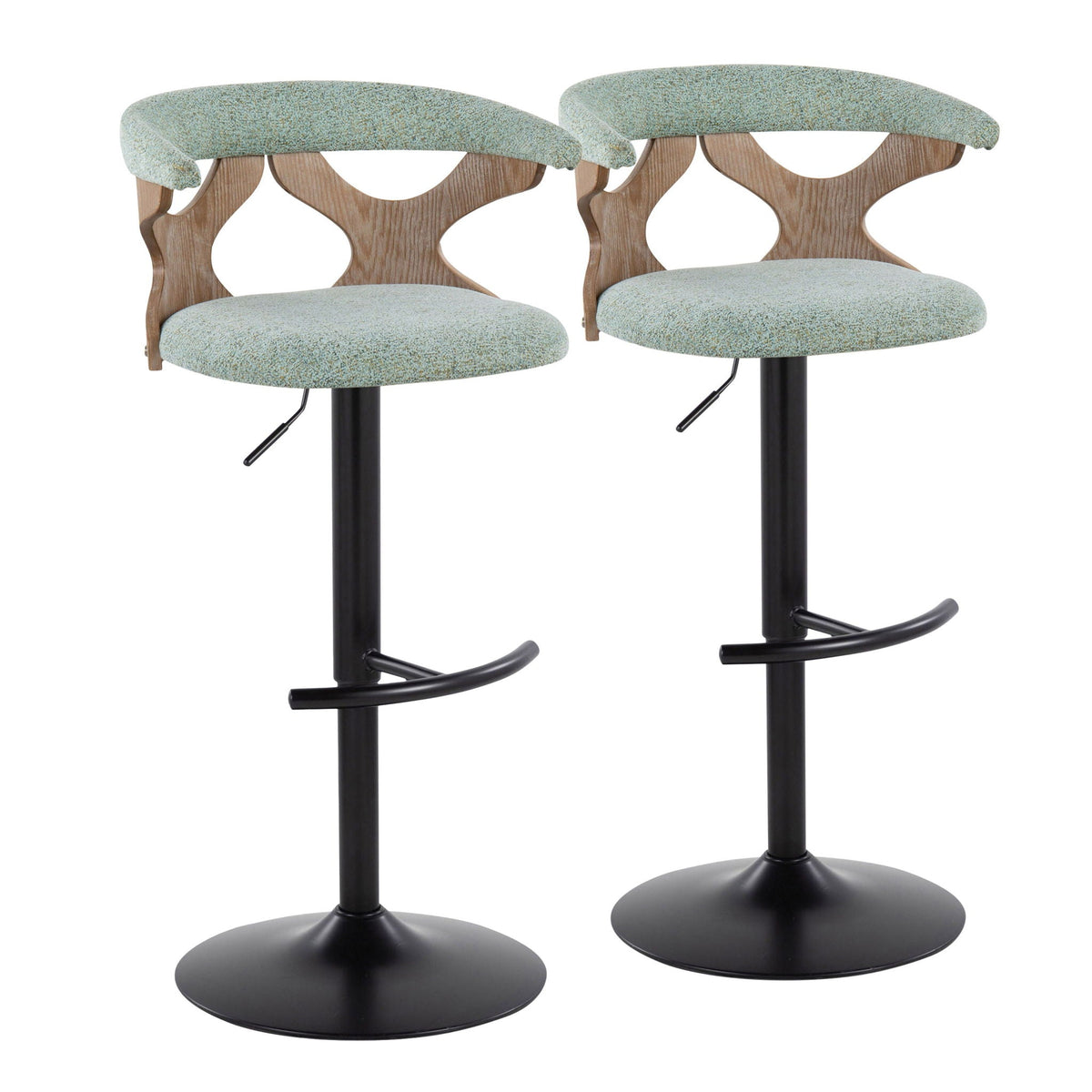 Contemporary adjustable barstool set, 2pc, teal upholstery, swivel with rounded T-footrest on Tampa Home & Garden Store