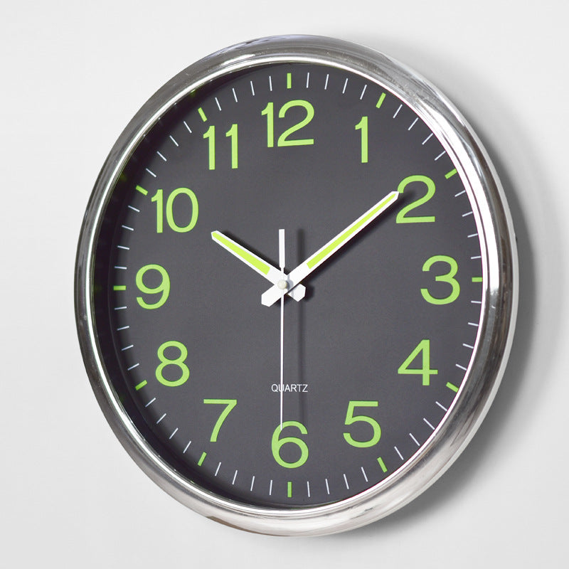 LED Wall Clock 30cm, round black dial with neon green numerals, silver bezel on Tampa Home & Garden Store