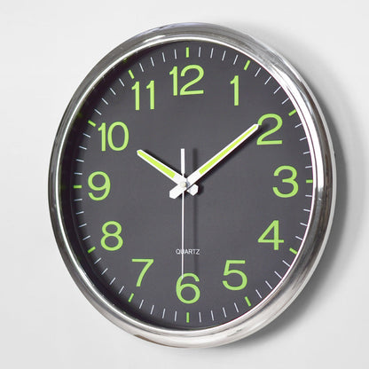 LED Wall Clock 30cm, round black dial with neon green numerals, silver bezel on Tampa Home & Garden Store