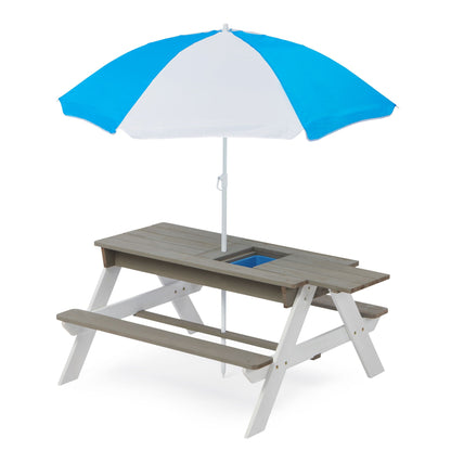 Kids cedar picnic table with sand and water tray under a blue umbrella by HouseOfZazla on Tampa Home & Garden Store