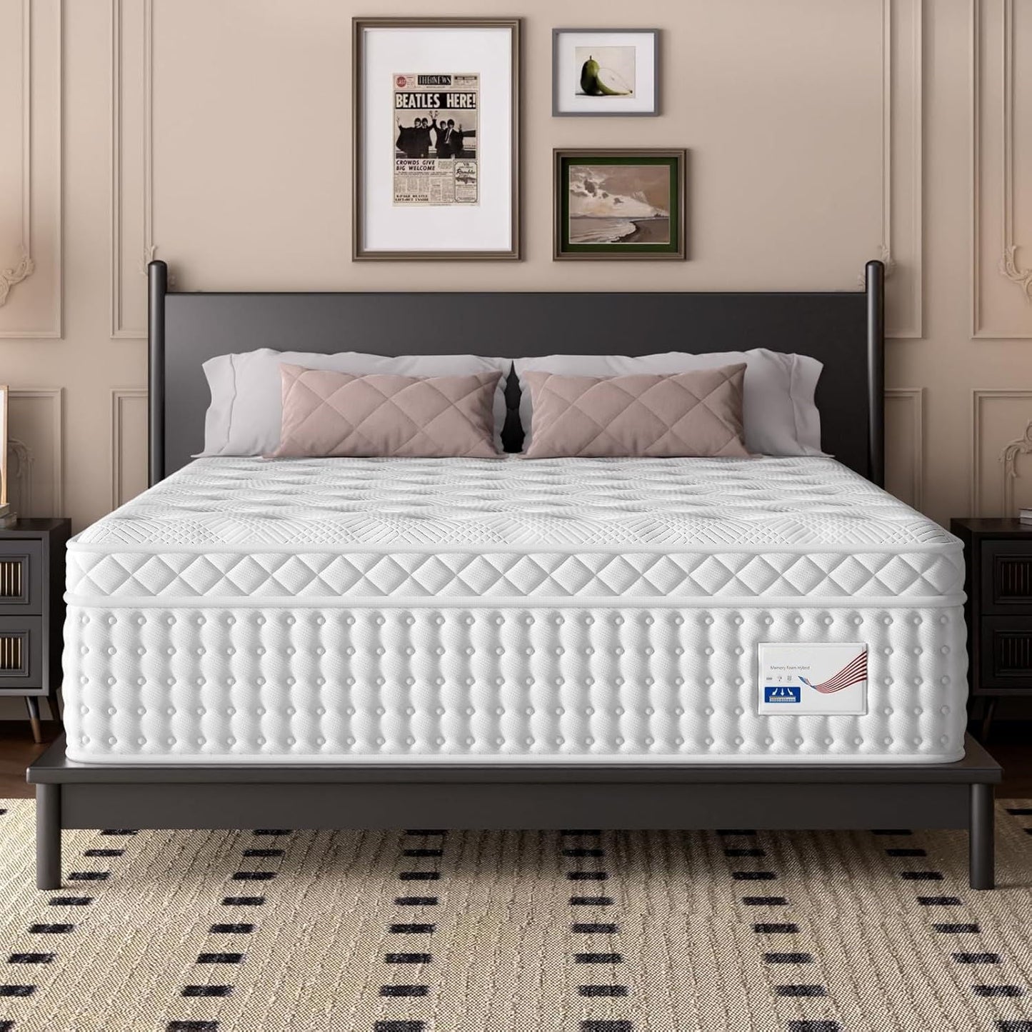 14-inch King Hybrid Mattress by HouseOfZazla with memory foam and pocket springs on a dark bed frame on Tampa Home & Garden Store