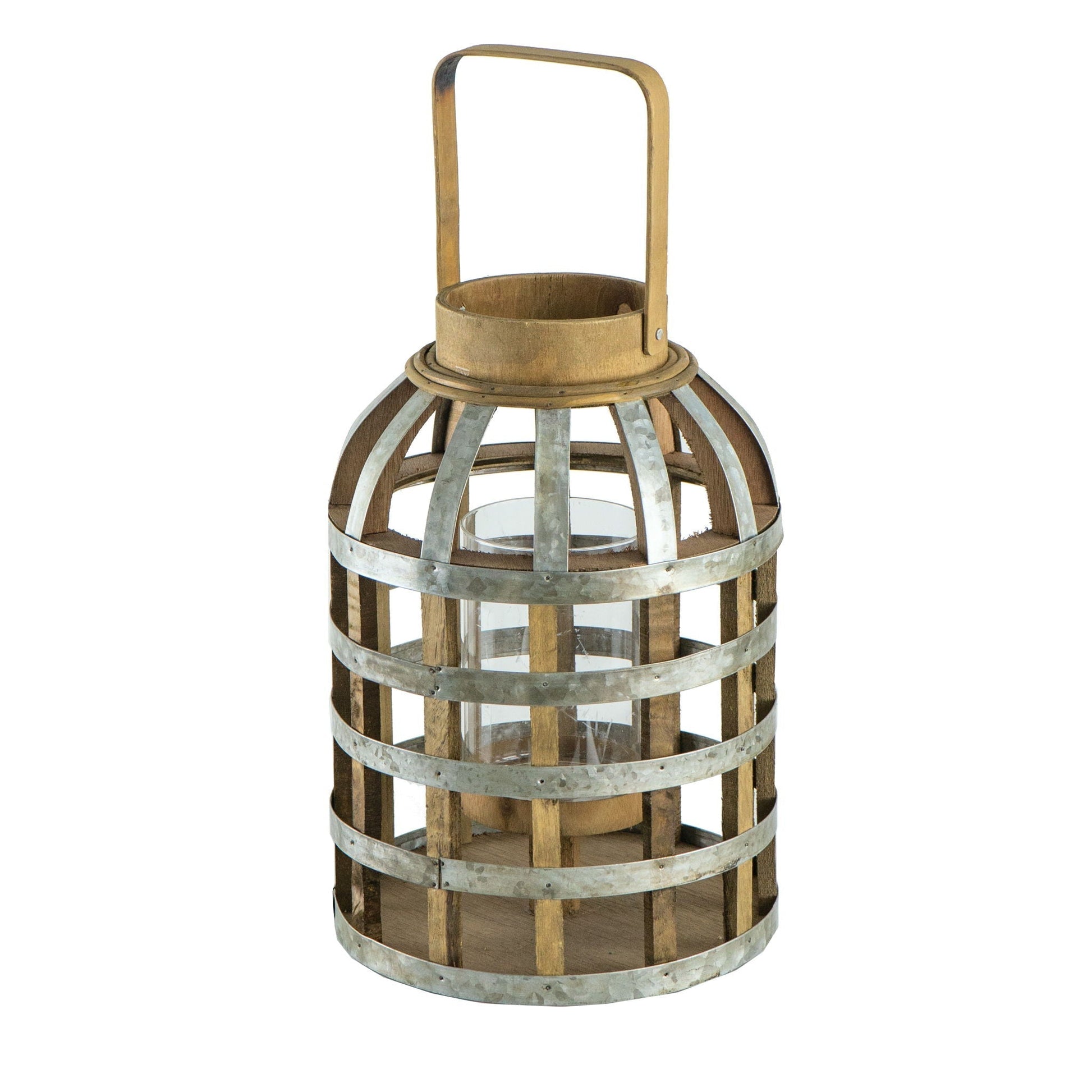 Wooden lantern with metal bands and glass insert; top handle and weathered finish on Tampa Home & Garden Store