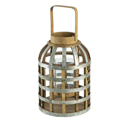 Wooden lantern with metal bands and glass insert; top handle and weathered finish on Tampa Home & Garden Store
