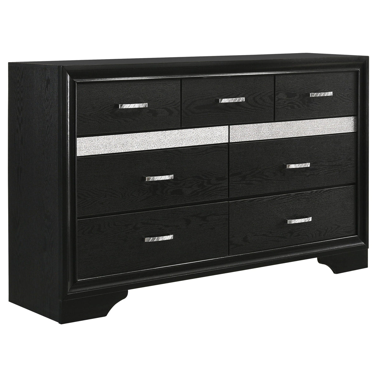 Annie 4 Piece Bedroom Set dresser in black wood grain with silver bar handles on Tampa Home & Garden Store