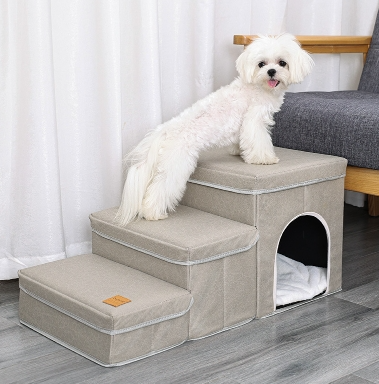 Beige fabric three-step dog stairs with built-in kennel and upper bed, white dog on steps on Tampa Home & Garden Store