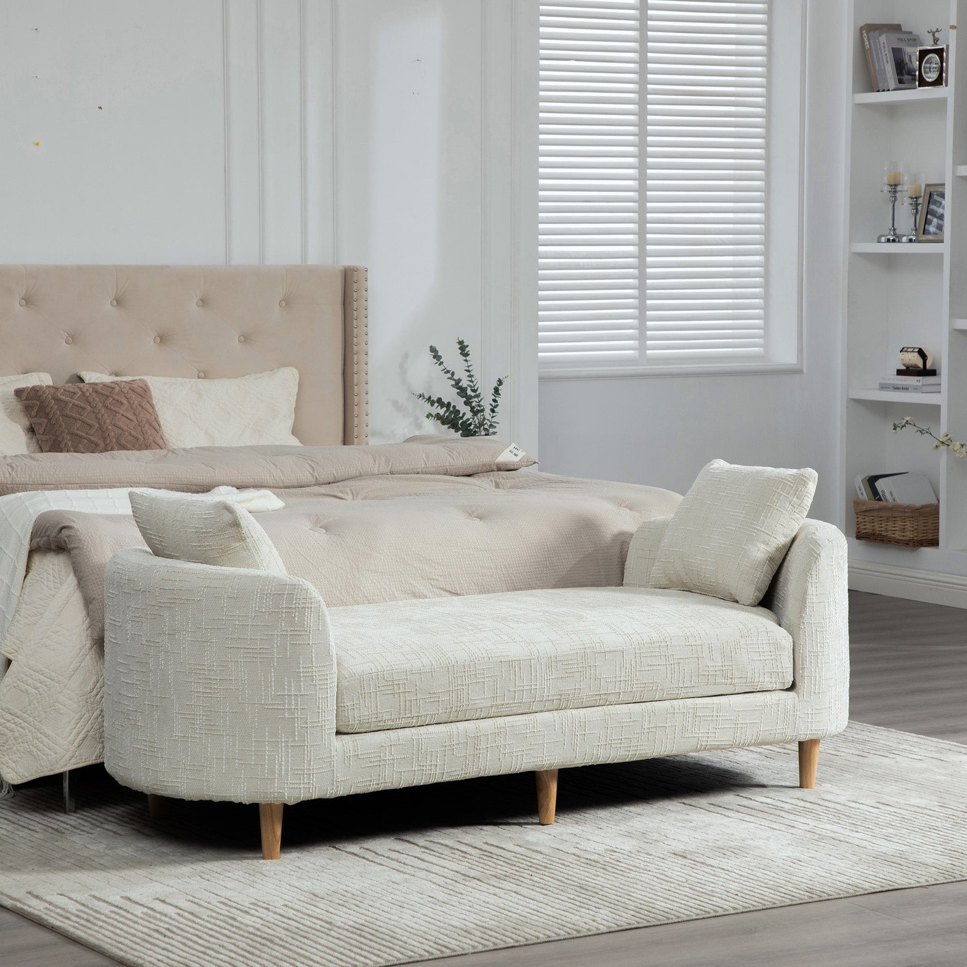 77.17-inch wide modern upholstered end-of-bed bench in beige quilted fabric with tapered wooden legs on Tampa Home & Garden Store