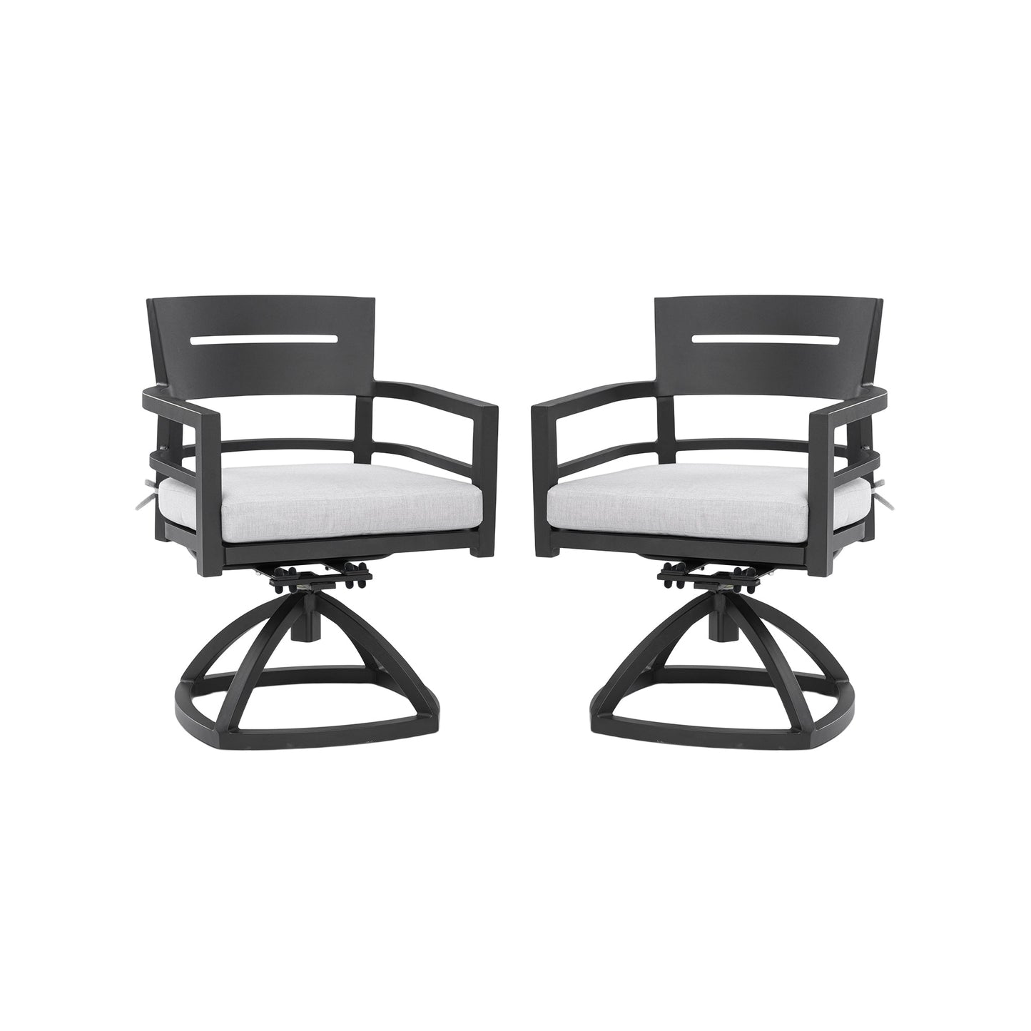 Outdoor swivel rocker chairs black aluminum with light gray Sunbrella cushions 2pc set on Tampa Home & Garden Store