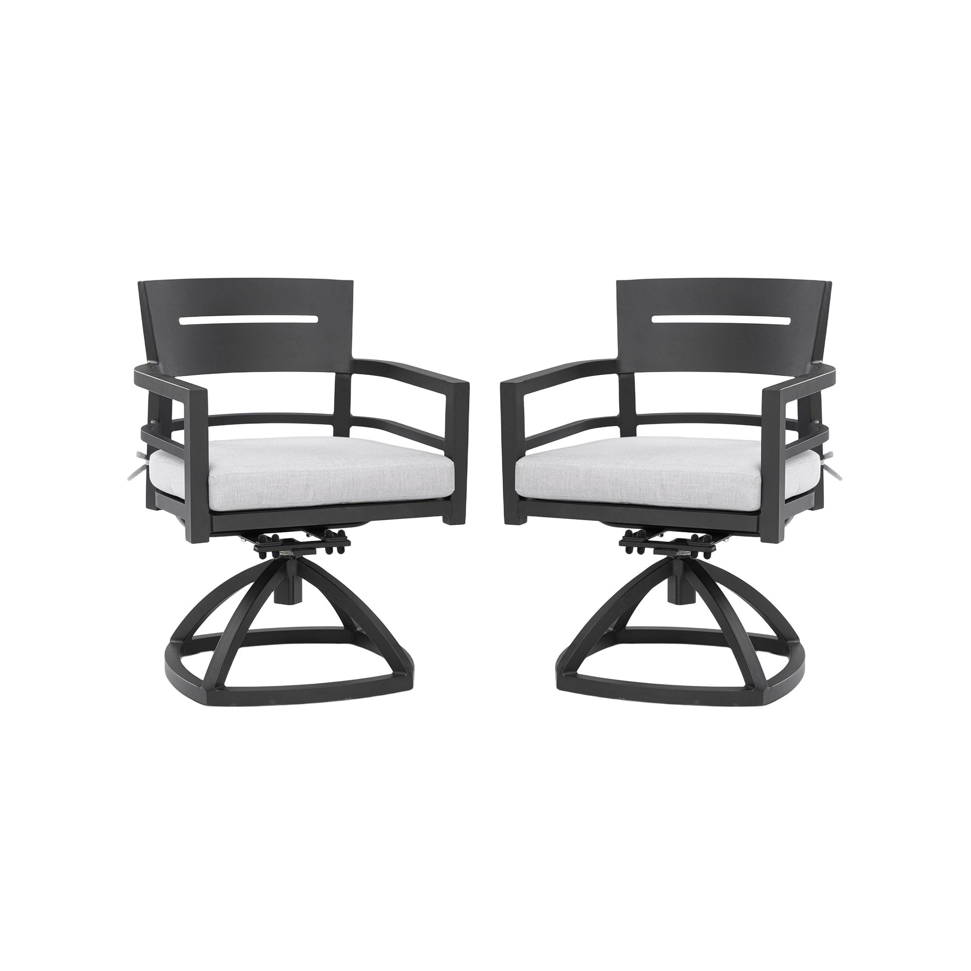 Outdoor swivel rocker chairs black aluminum with light gray Sunbrella cushions 2pc set on Tampa Home & Garden Store