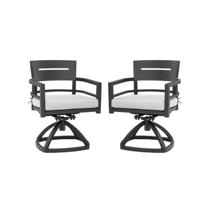 Outdoor swivel rocker chairs black aluminum with light gray Sunbrella cushions 2pc set on Tampa Home & Garden Store