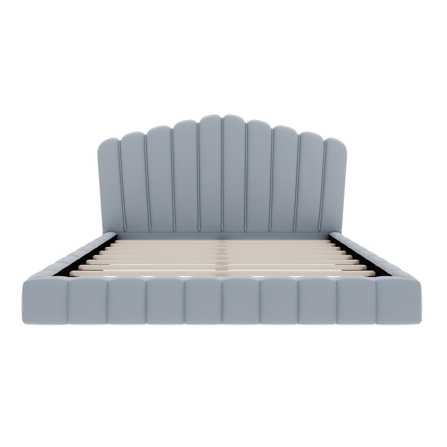 Velvet Upholstered Queen Bed with Shell Headboard