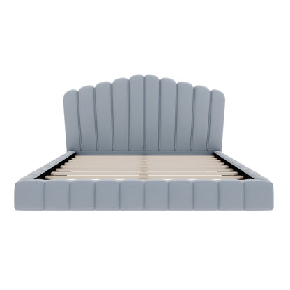 Velvet Upholstered Queen Bed with Shell Headboard