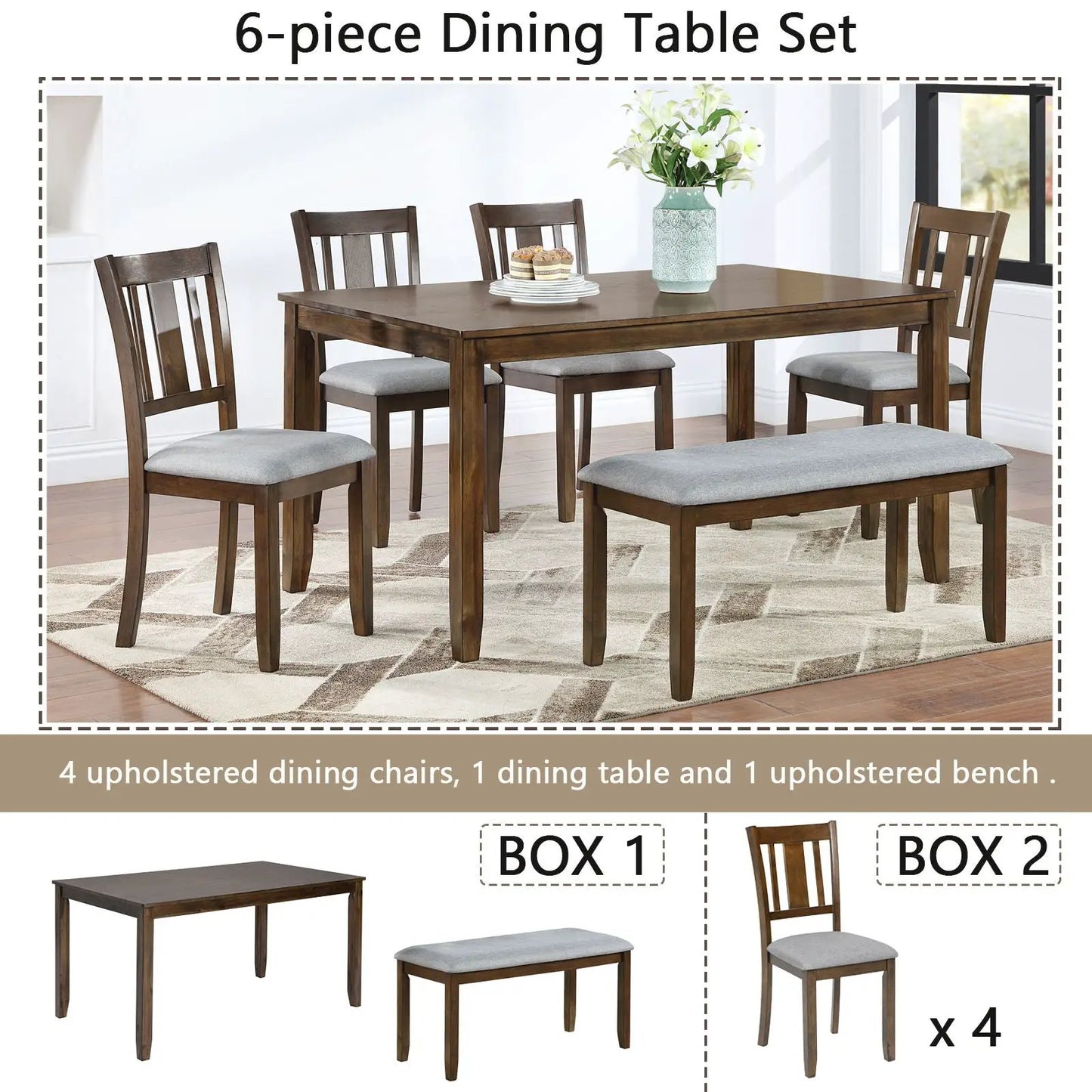 6-piece Unique Piece Furniture dining set with dark wood rectangular table, 4 gray upholstered chairs and a matching bench on Tampa Home & Garden Store