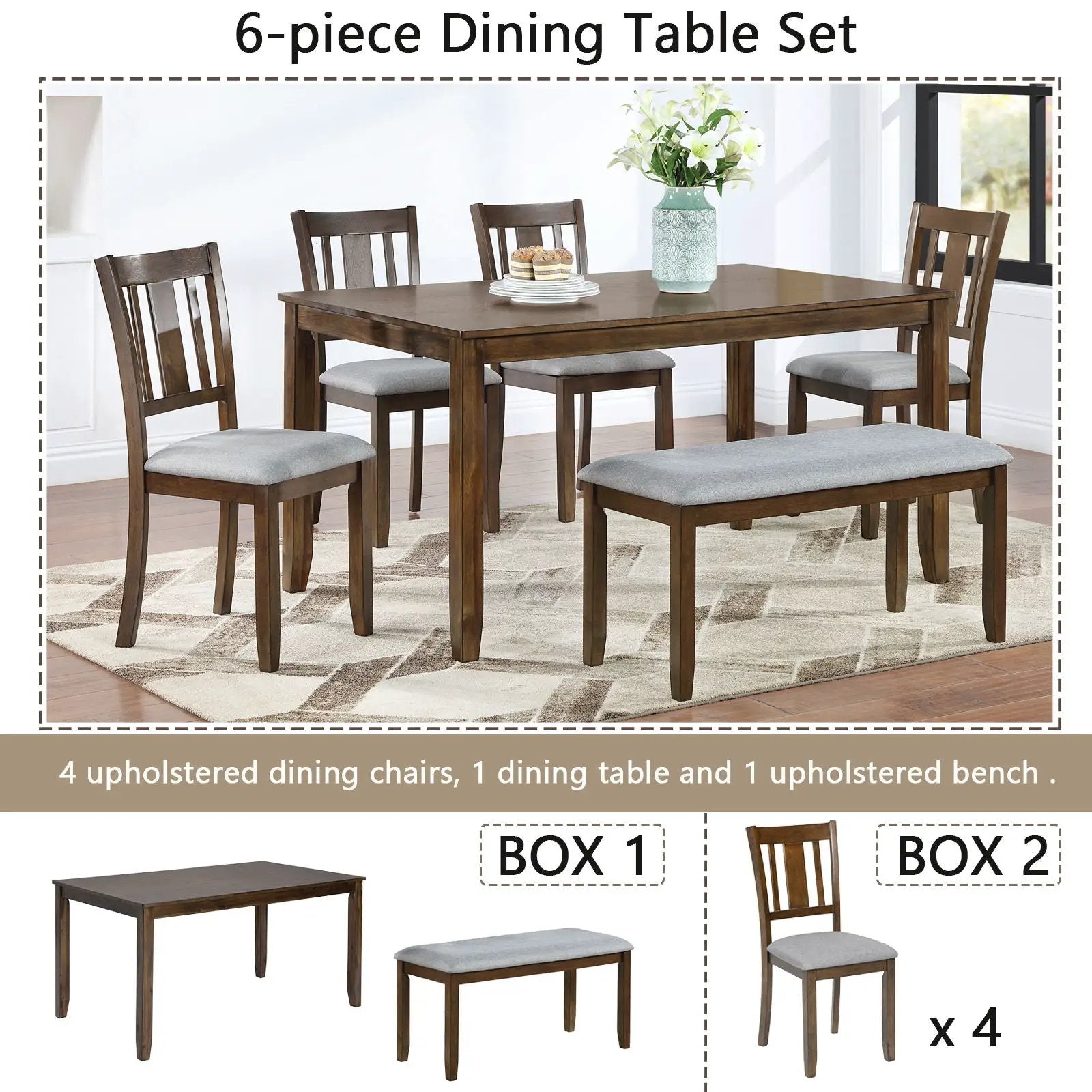6-piece Unique Piece Furniture dining set with dark wood rectangular table, 4 gray upholstered chairs and a matching bench on Tampa Home & Garden Store