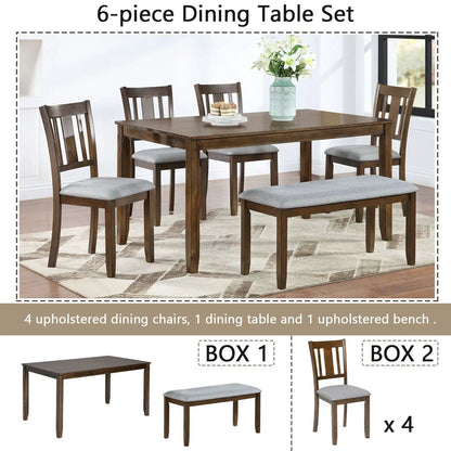 6-piece Unique Piece Furniture dining set with dark wood rectangular table, 4 gray upholstered chairs and a matching bench on Tampa Home & Garden Store
