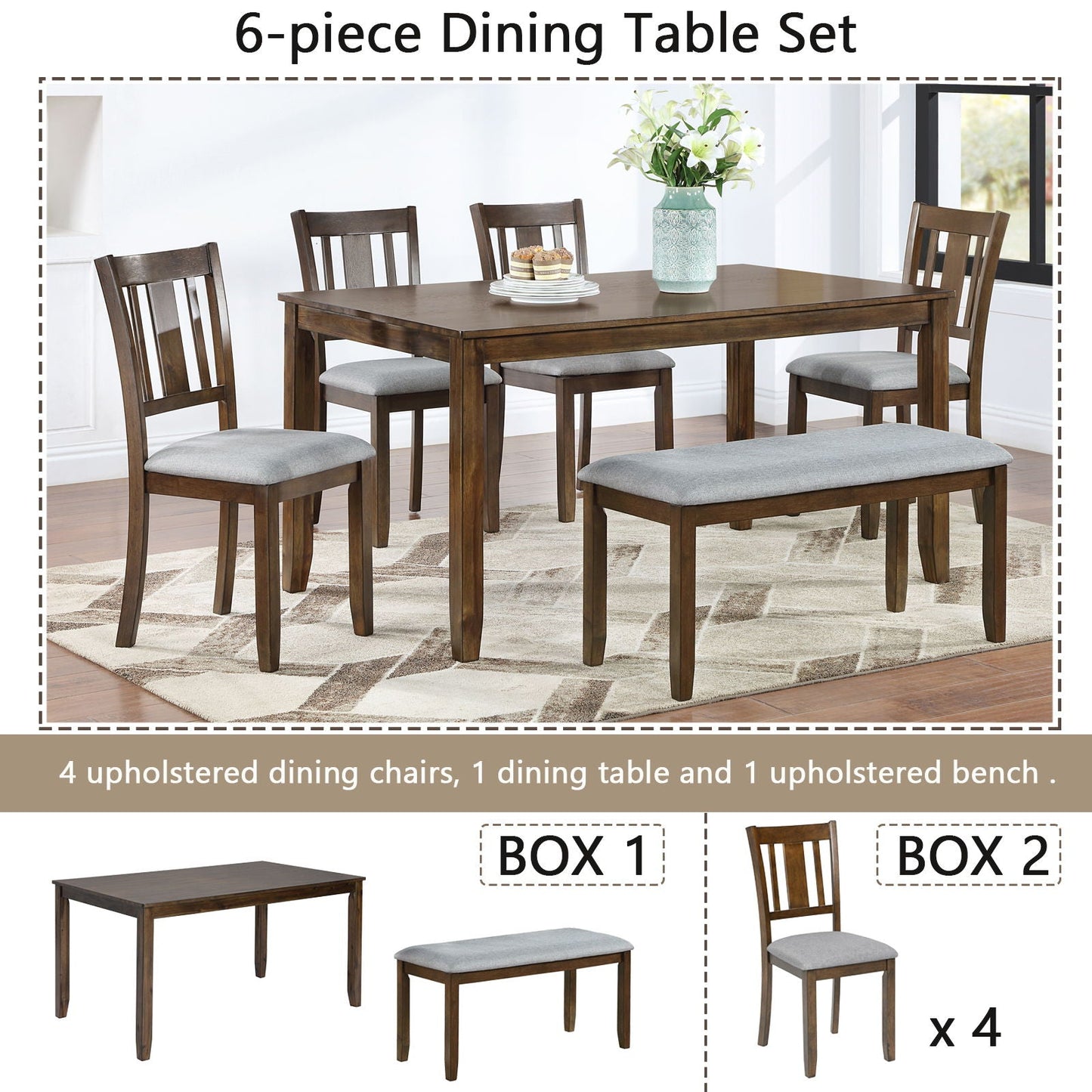 Wooden Dining Table With Four Chairs And Bench
