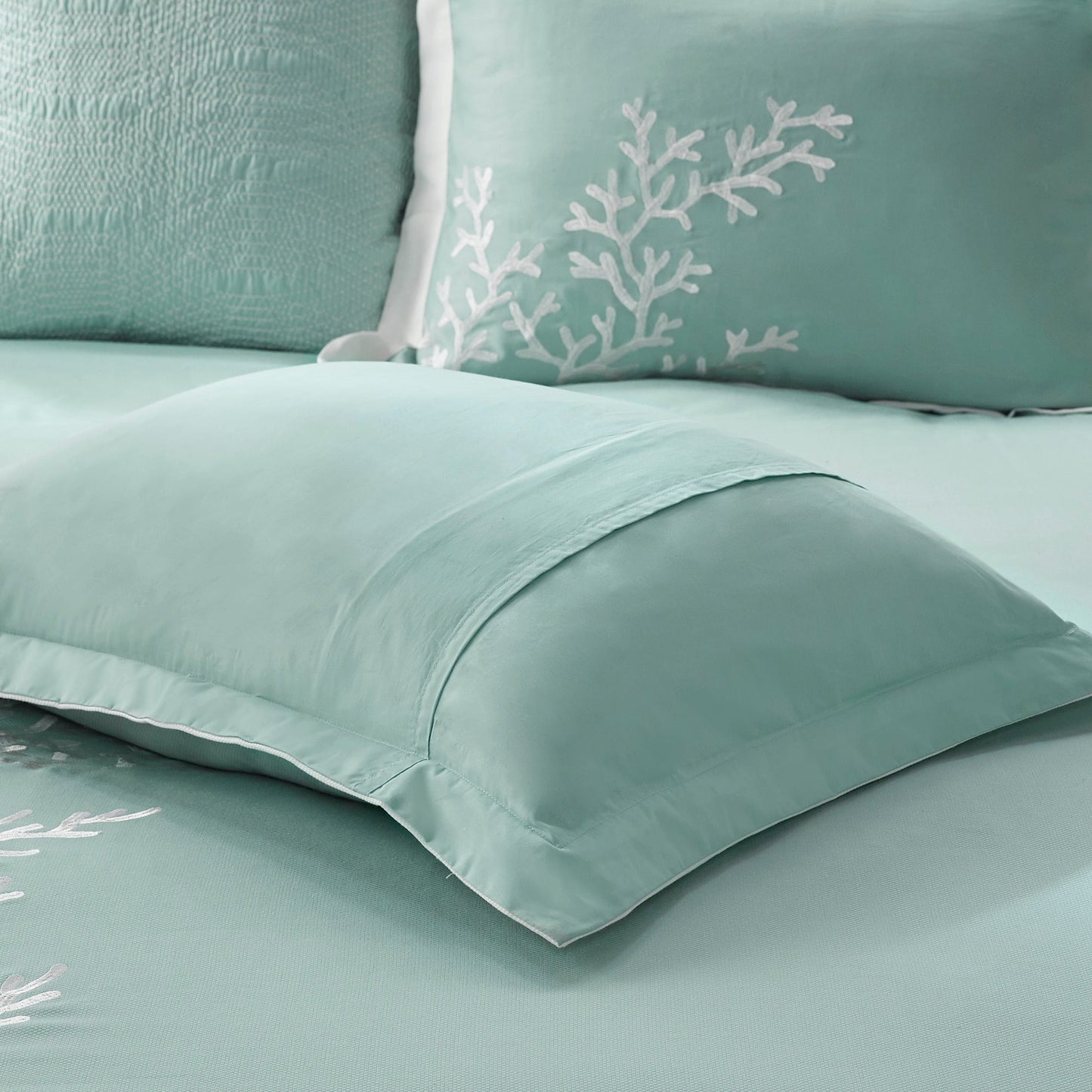 Oversized aqua cotton jacquard comforter set with white embroidered leaf motif HouseOfZazla Queen on Tampa Home & Garden Store