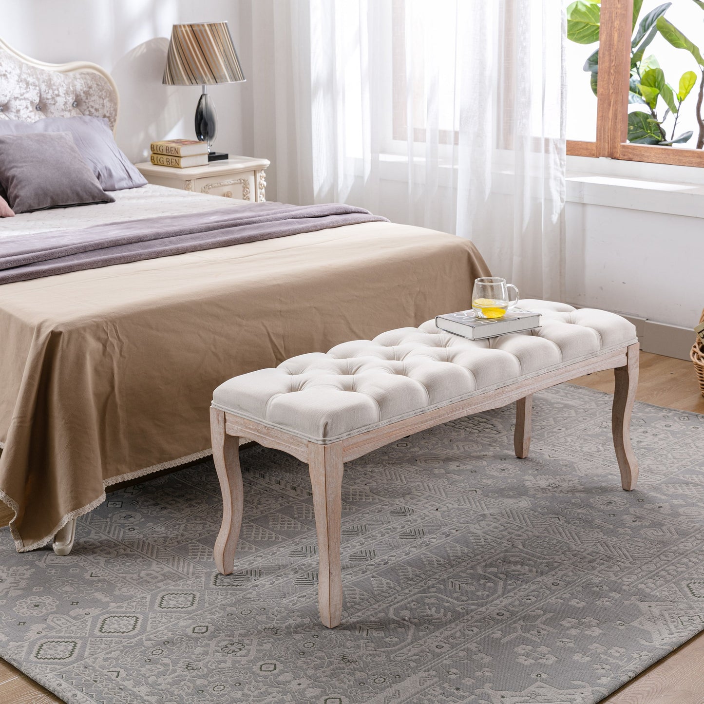 Bedroom bench French tufted with beige upholstery and wood legs on Tampa Home & Garden Store on Tampa Home & Garden Store