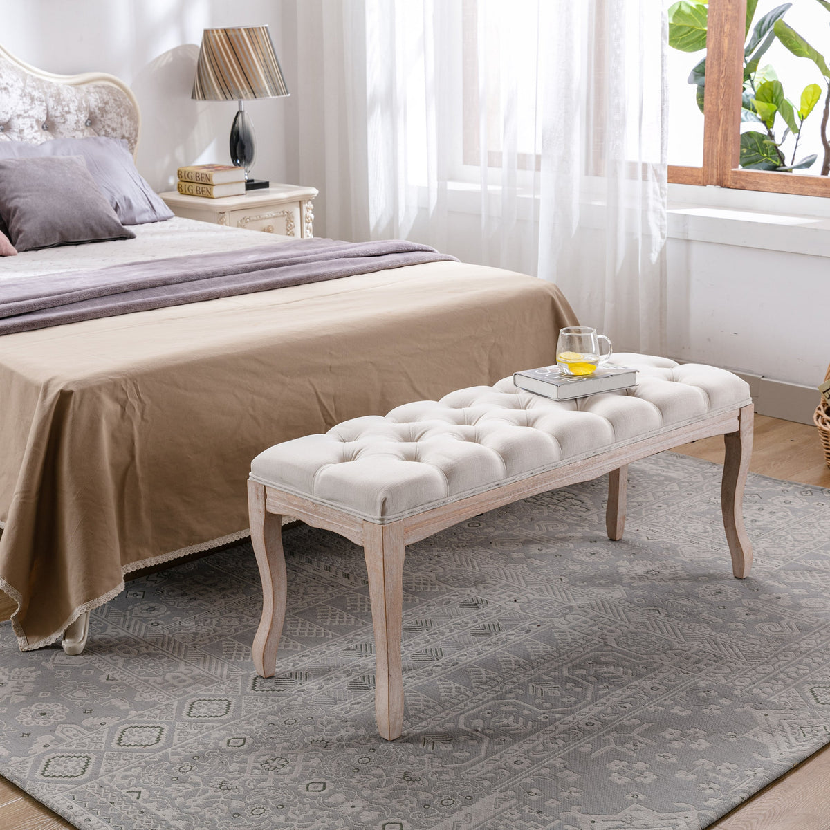 Bedroom bench French tufted with beige upholstery and wood legs on Tampa Home & Garden Store on Tampa Home & Garden Store