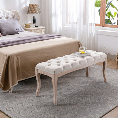Bedroom bench French tufted with beige upholstery and wood legs on Tampa Home & Garden Store on Tampa Home & Garden Store