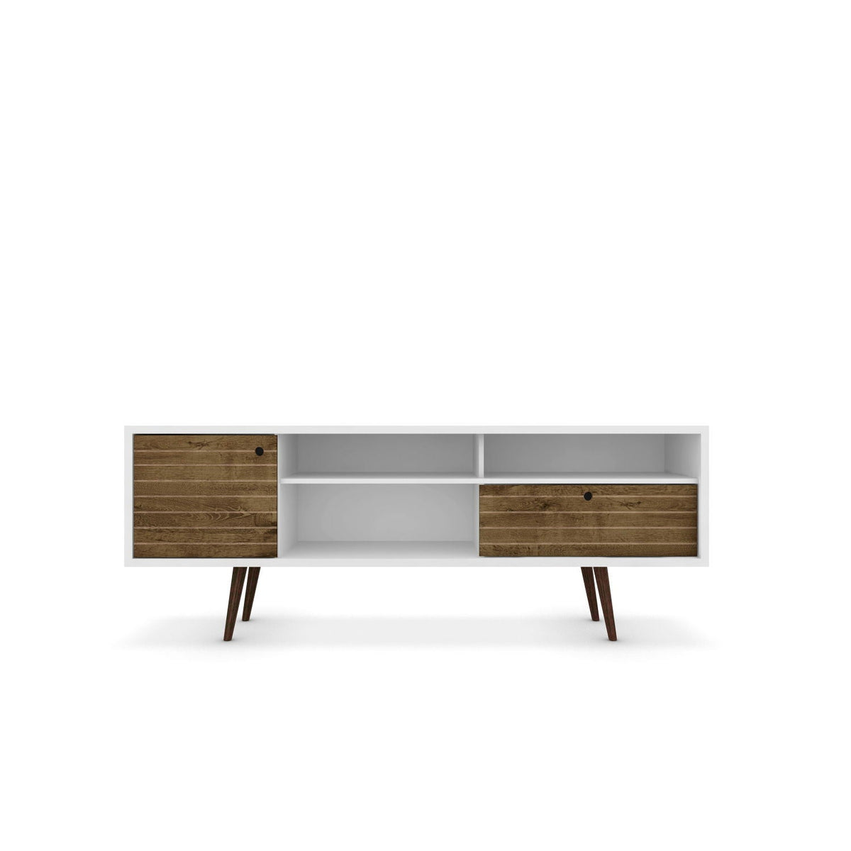 TV stand with wire management, white frame, light brown wood doors, mid-century legs HouseOfZazla on Tampa Home & Garden Store