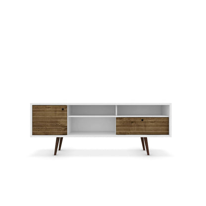 TV stand with wire management, white frame, light brown wood doors, mid-century legs HouseOfZazla on Tampa Home & Garden Store