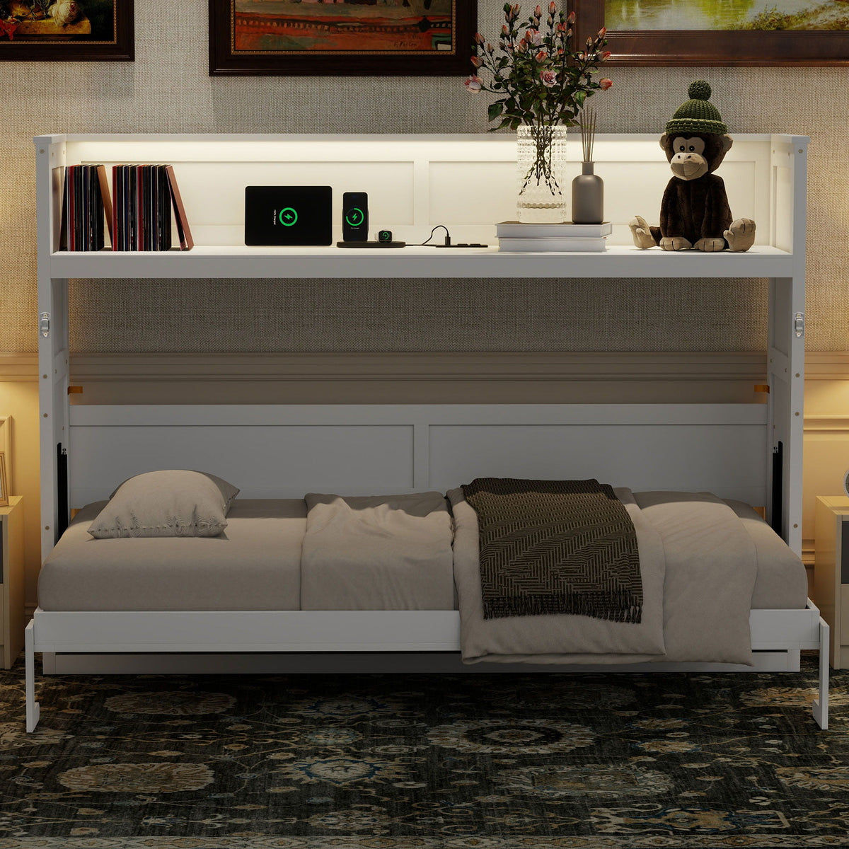 Murphy bed with desk, LED and USB charging, white bed with shelf and plush monkey decor on Tampa Home & Garden Store