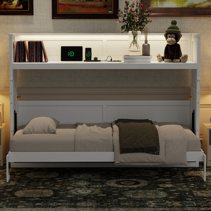 Murphy bed with desk, LED and USB charging, white bed with shelf and plush monkey decor on Tampa Home & Garden Store
