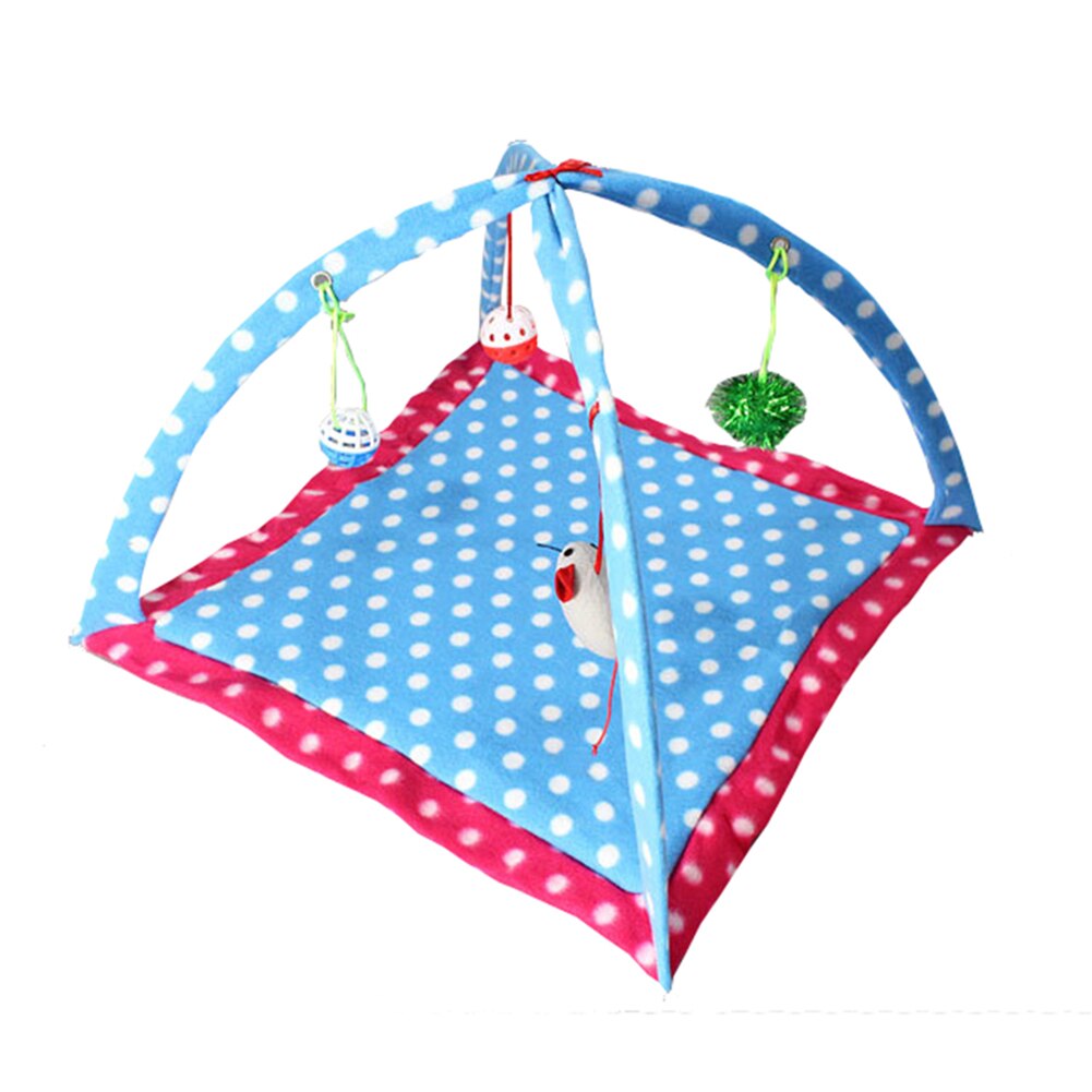 Cartoon Cat Play Tent with blue mat, pink border; hanging balls, foldable cat hammock on Tampa Home & Garden Store
